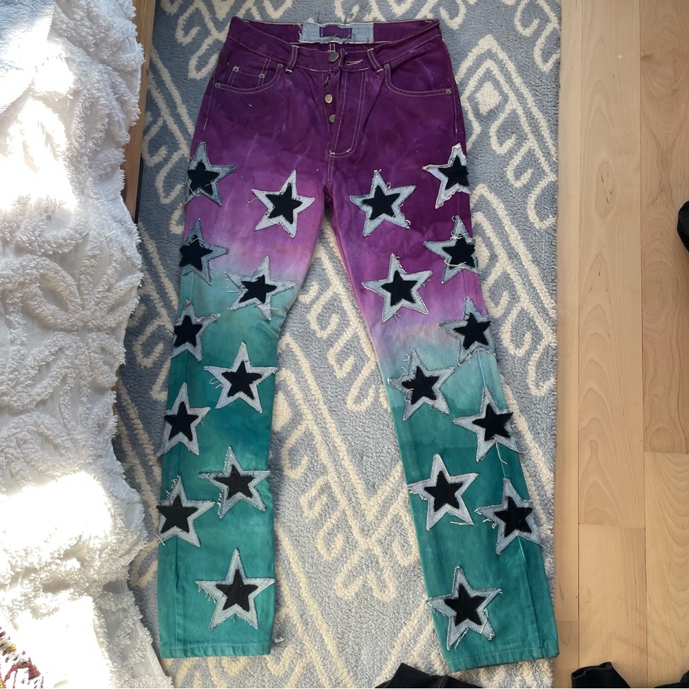 trill laimbeer purple and blue custom dyed star patchwork stitch jeans